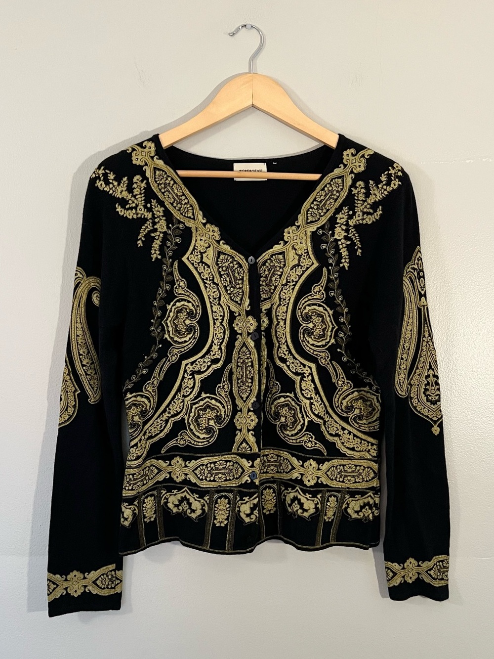 Y2K Aubergene gold metallic paisley embellished black angora cardigan 2000’s